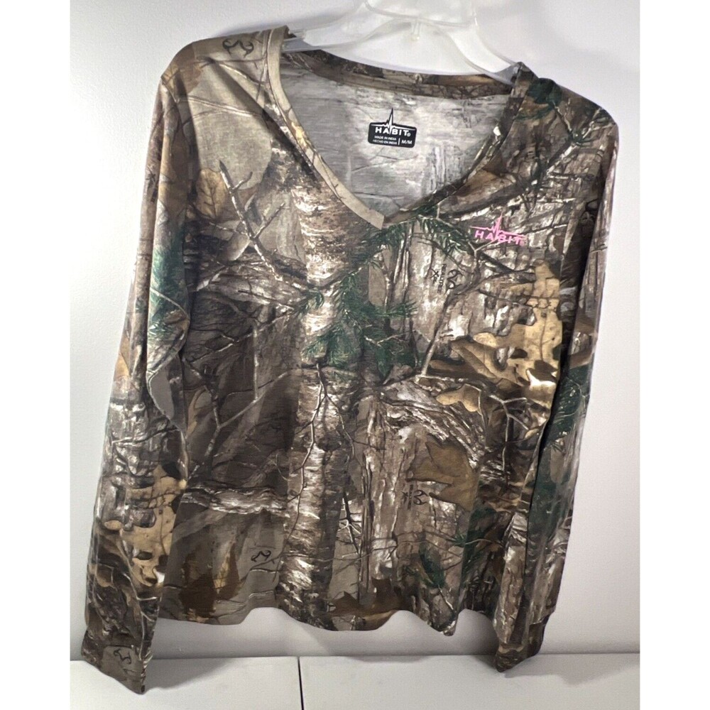 Habit Realtree V Neck Women's Outdoor Camo T-shirt Size Medium Long Sleeve